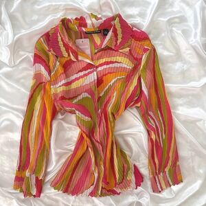 Essentials by Milano Plisse Button Down Shirt Pink Orange Psychedelic Wave L